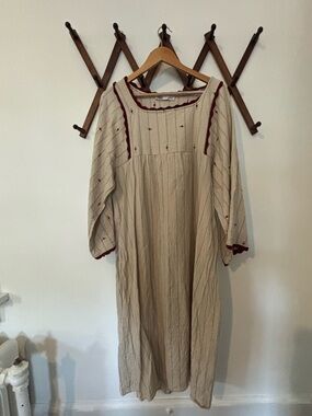 ZARA Beige and Burgundy Embroidered Midi Dress